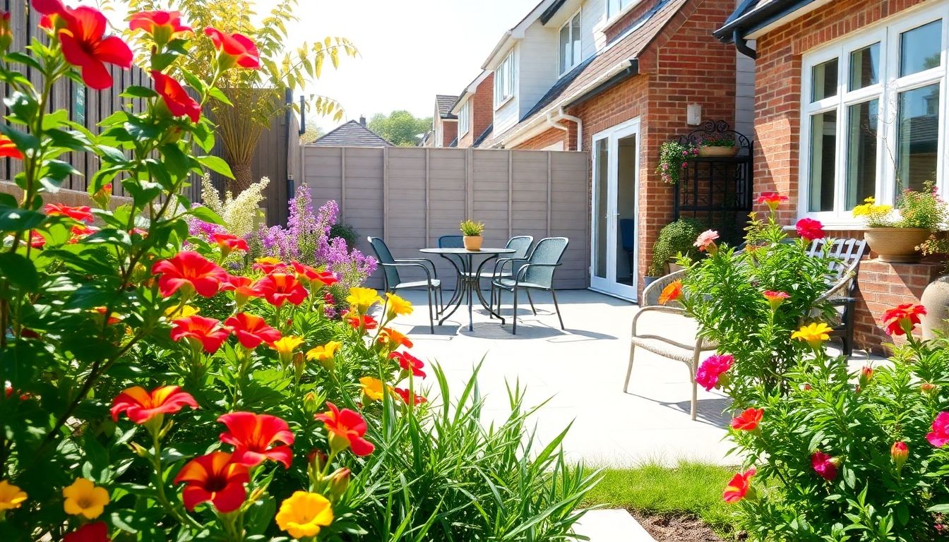 Summer garden with vibrant flowers and clean patio.