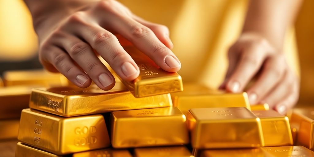 Des lingots d'or avec des mains tenant un lingot.
