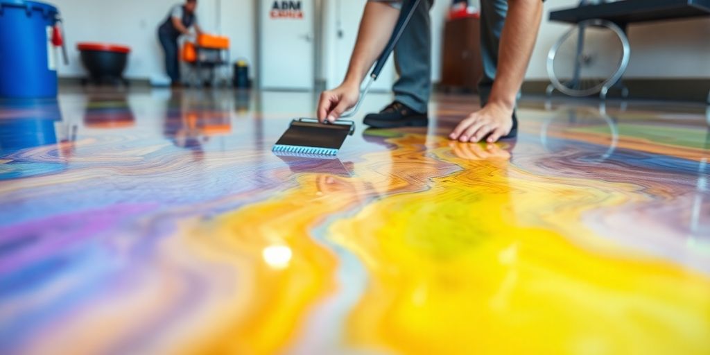 Contractor installing vibrant epoxy flooring in a garage.