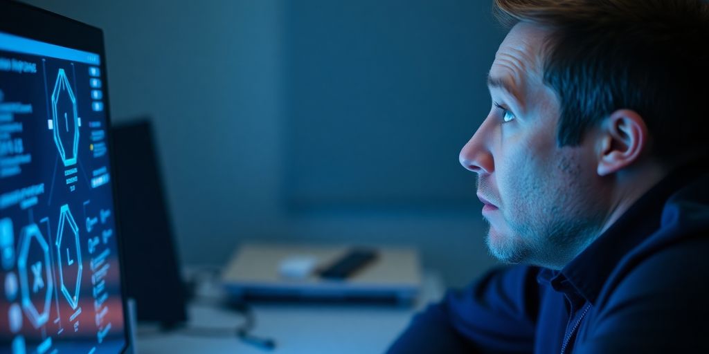 Man looking thoughtfully at AI screen.