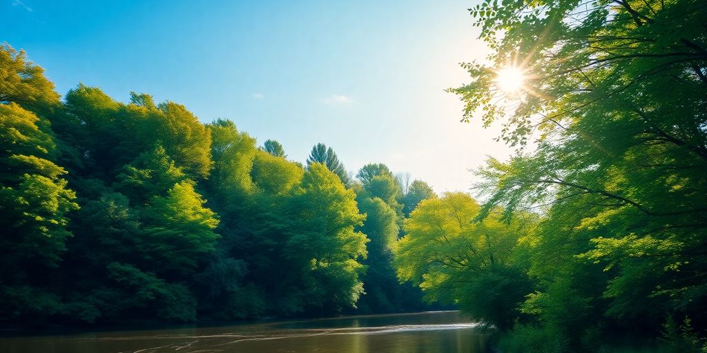 Lush forest with river under clear blue sky.