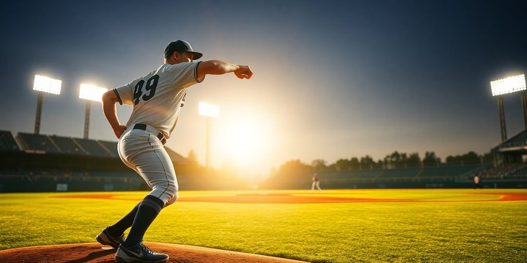Baseball player pitching action on sunlit field.
