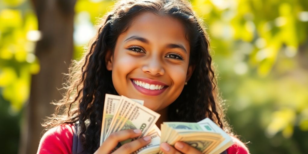 Estudante feliz recebendo dinheiro do programa Pé-de-Meia.
