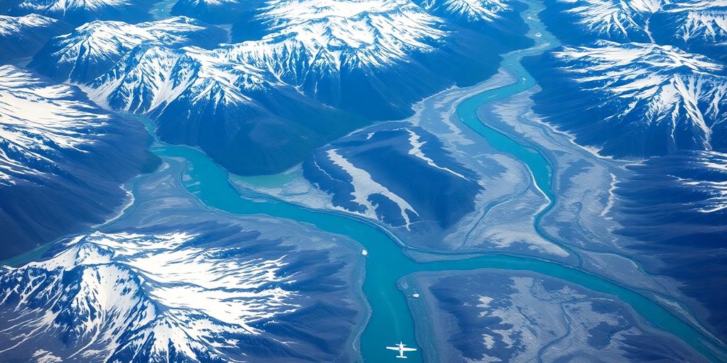 A small plane flying over vast Alaskan mountains and glaciers.
