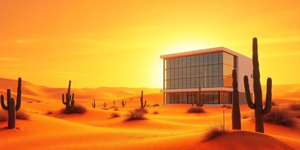 Desert landscape with a modern office building.
