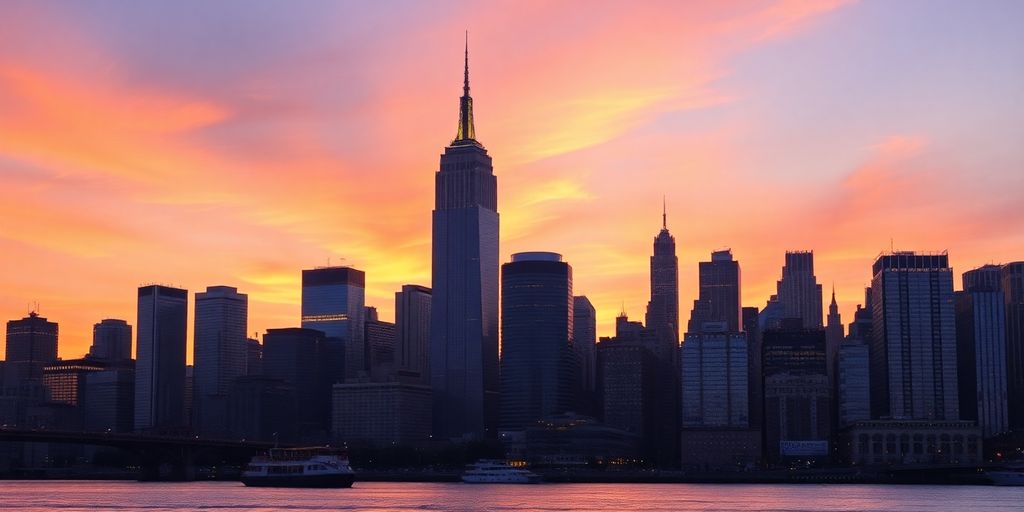 New York City skyline at sunset, iconic skyscrapers.