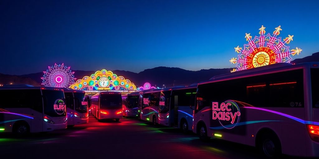 A fleet of colorful, glowing shuttle buses at a festival.