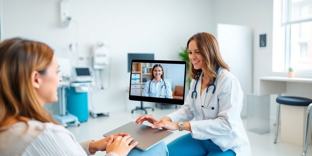 Doctor conducting telemedicine appointment with patient via laptop.