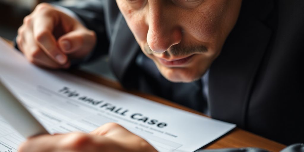 Lawyer examining case files for trip and fall injuries.