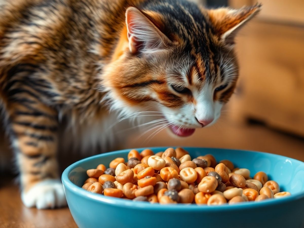 Gato comendo ração em um prato.