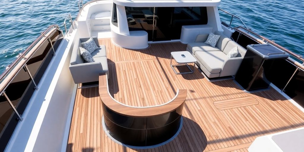 Modern boat deck with stylish furniture and vibrant surroundings.