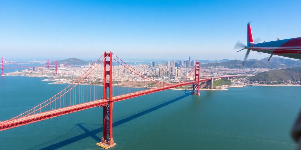 A helicopter flying over the San Francisco Golden Gate Bridge.