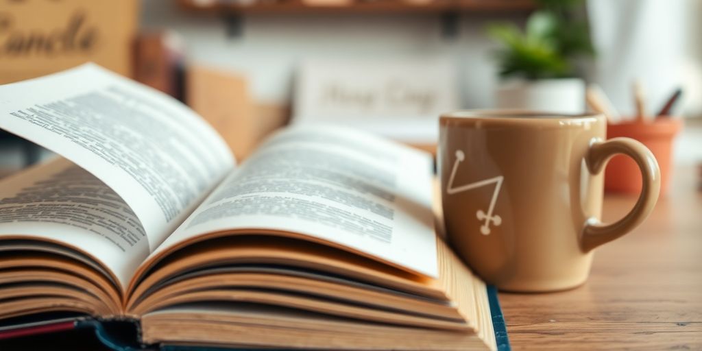 Open book and coffee on a desk.