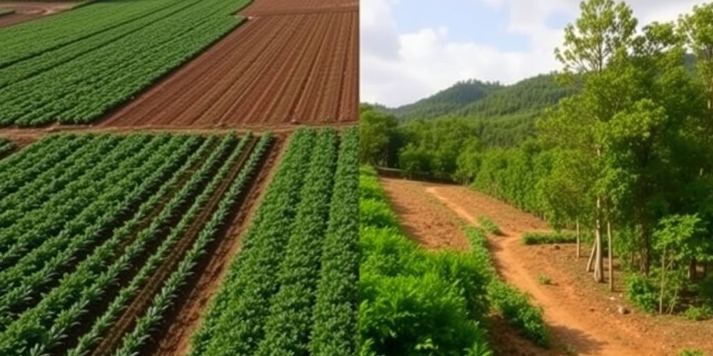 Pratiques agricoles contrastées, champs verts et terre déboisée.