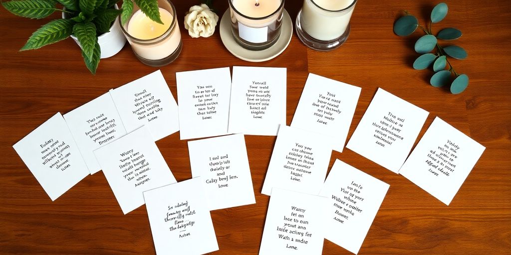 Colorful affirmation cards with natural decor on a table.