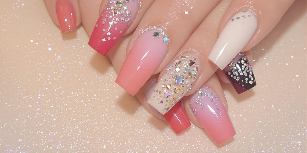 Colorful acrylic nails with intricate designs and gloss.