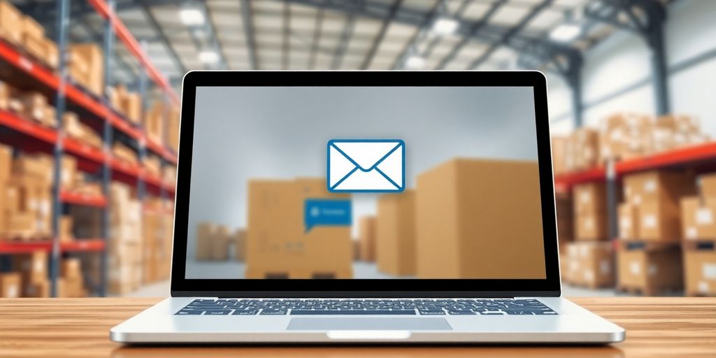 Open laptop, email icon, warehouse background, illustrative, bright.