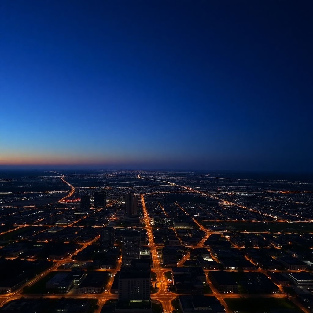 Bright city lights glowing against a dark Texas sky.
