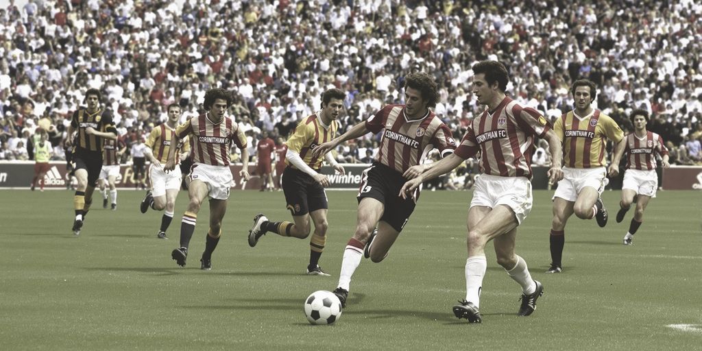 Vintage soccer players in Corinthian FC kits playing.