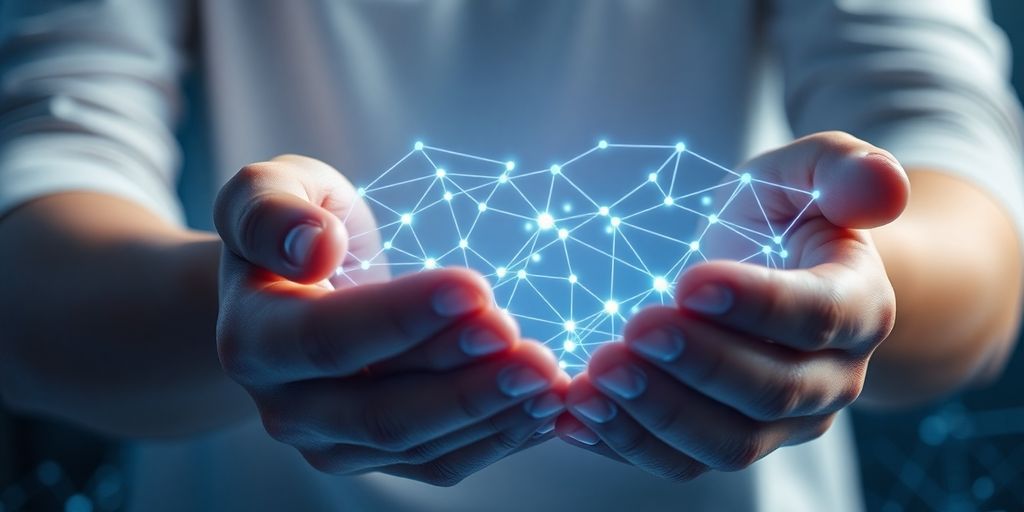 Hands holding glowing blockchain network.