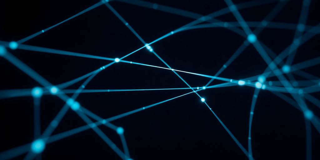 Abstract digital lines, dark background, cybersecurity theme.