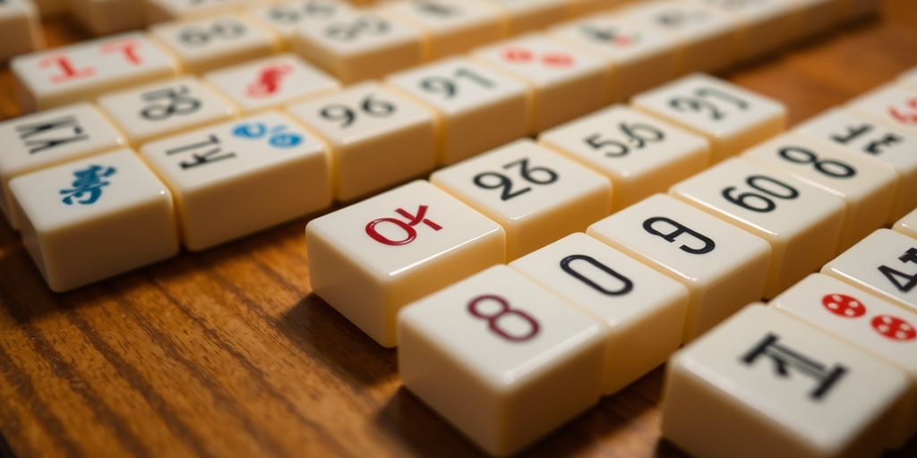 Mahjong tiles with numbers on a table