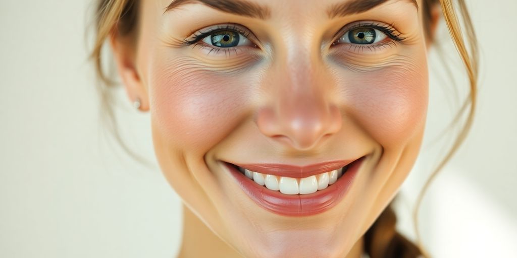 Woman with glowing, fair skin smiling.