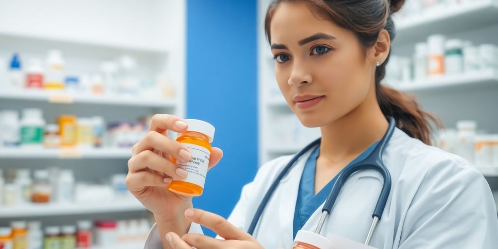 Pharmacist in hospital setting, medications on shelves