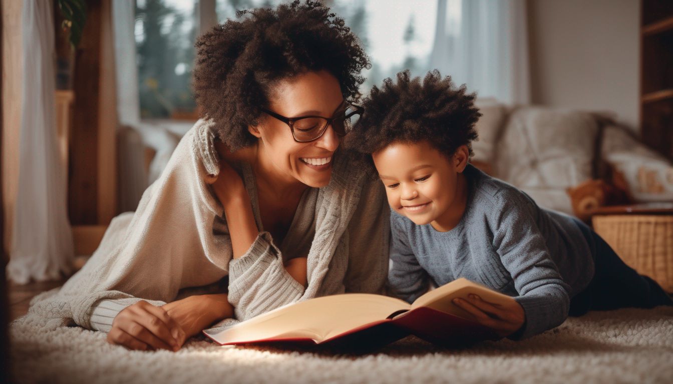 parent reading book to child in cozy home setting