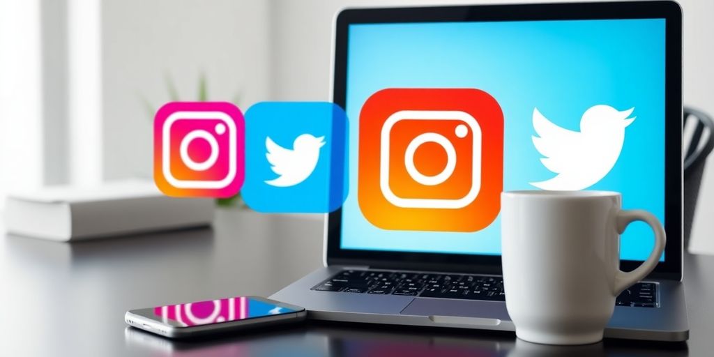 Smartphone and laptop with social media icons on desk.