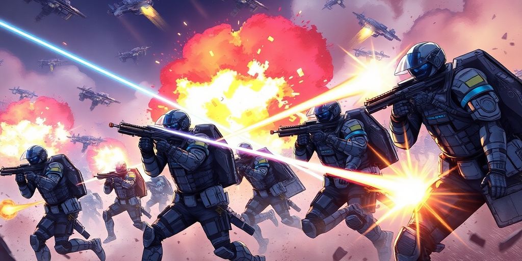 Soldiers in tactical gear engaged in futuristic combat.