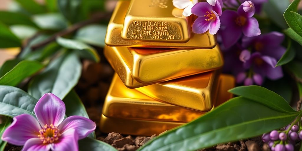 Des barres d'or avec des feuilles vertes et des fleurs.