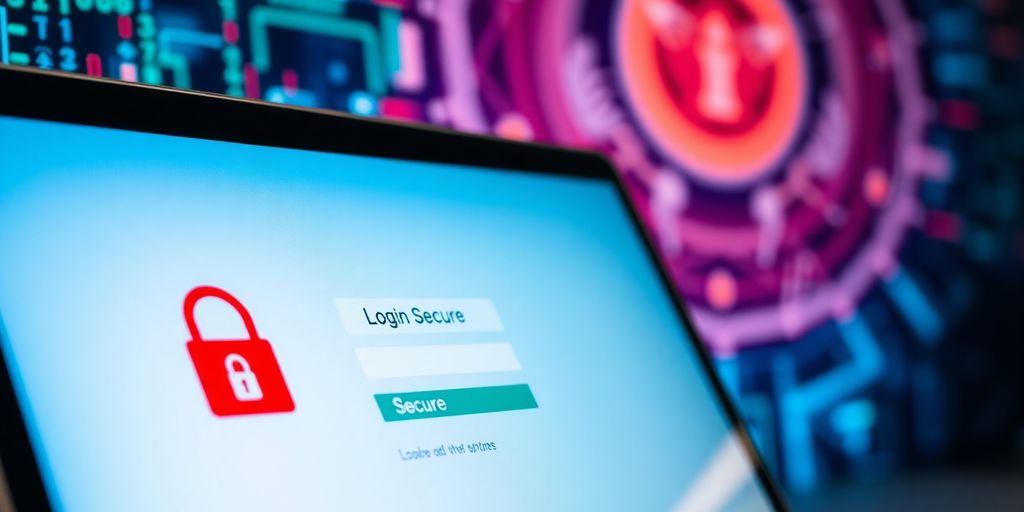 Laptop screen with secure login and padlock icon.