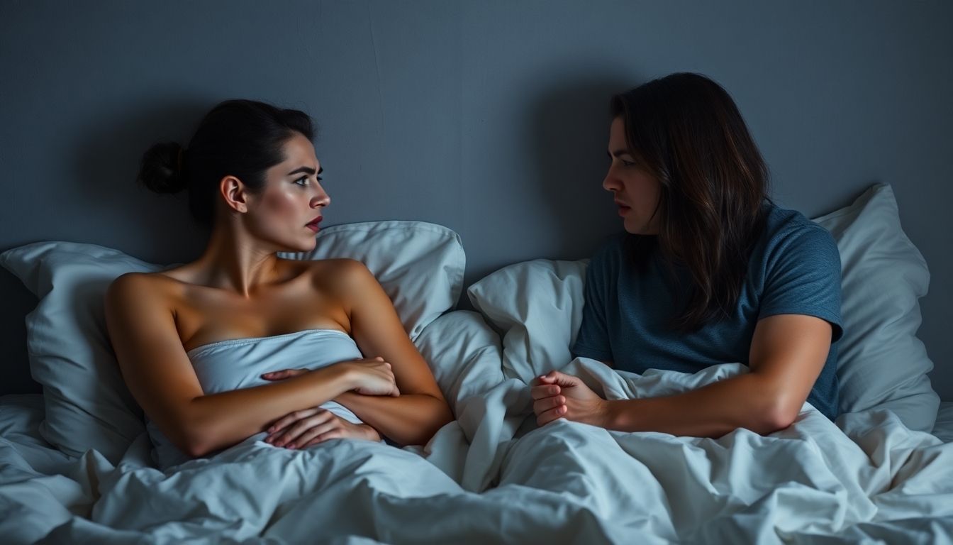 Couple arguing in bed, depicting emotional conflict.