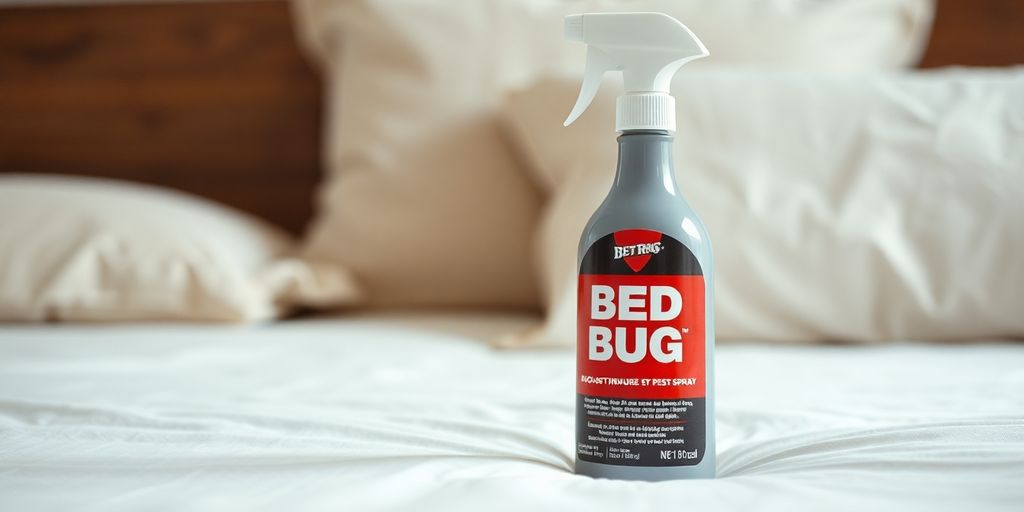 Bed bug spray on a neatly made bed.