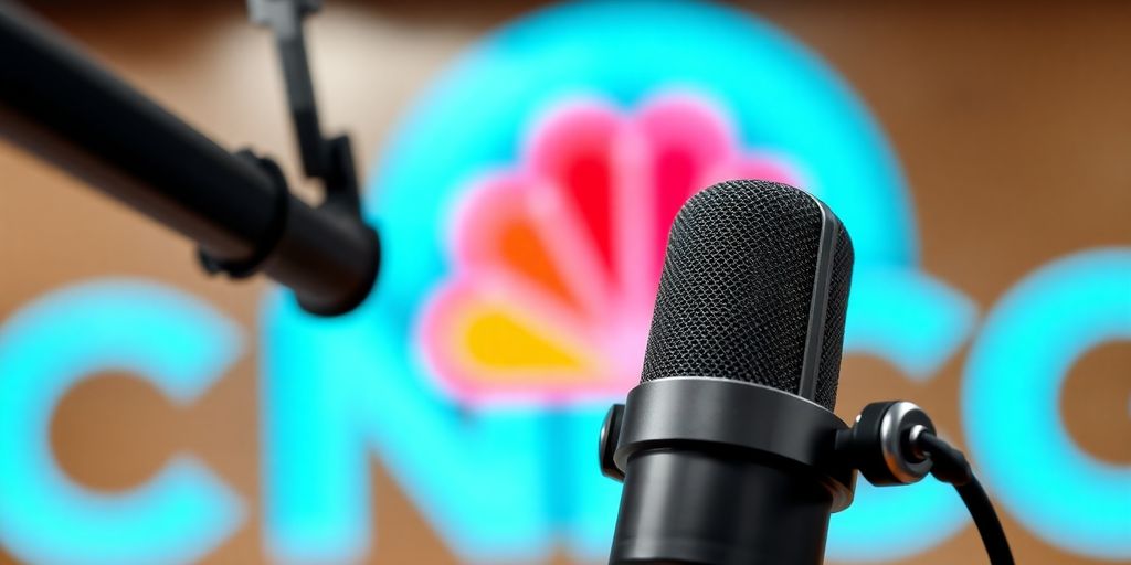 Microphone, CNBC logo, financial data. Podcast.