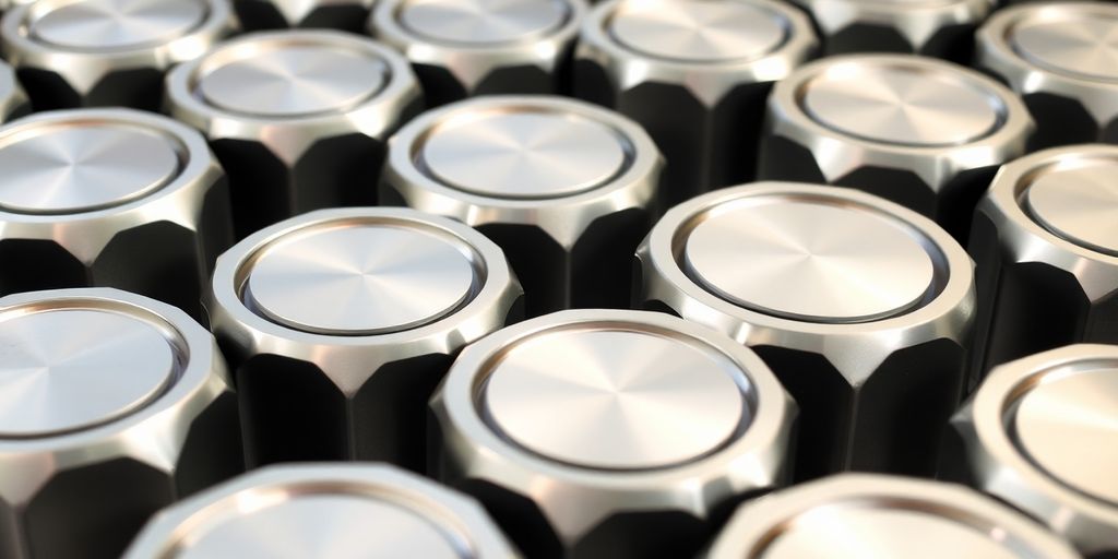 Photograph of aluminum tire caps in bulk arrangement.