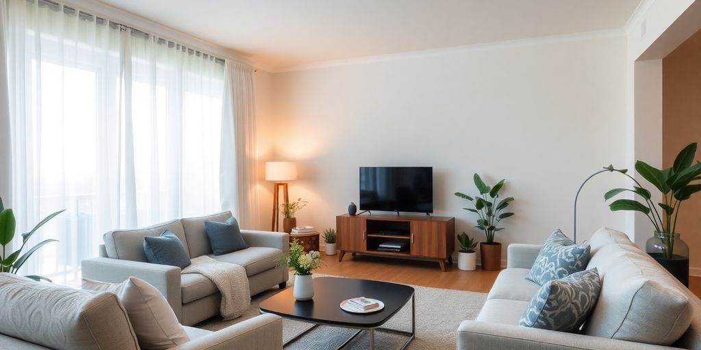 Intérieur chaleureux d'un salon avec des meubles confortables.