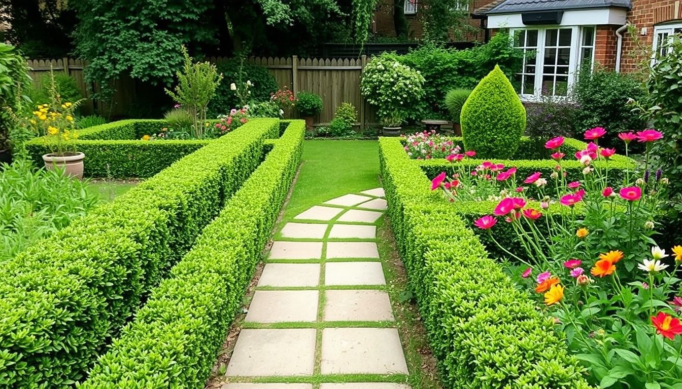 Well-maintained garden with clear pathways and vibrant flowers.