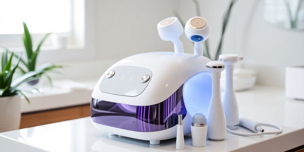 Close-up of a modern facial machine on a countertop.