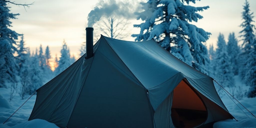 Vintertält med rykande kaminrör i snölandskap