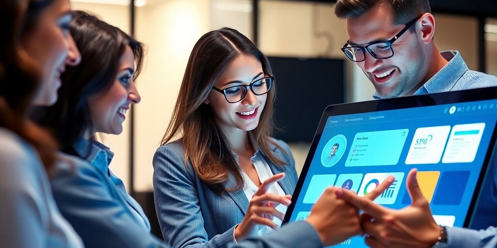 Business professionals collaborating around a digital interface.