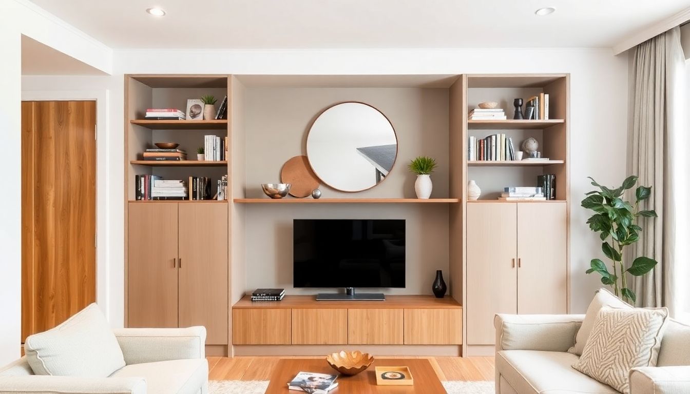 Modern alcove unit with shelves and decorative items.