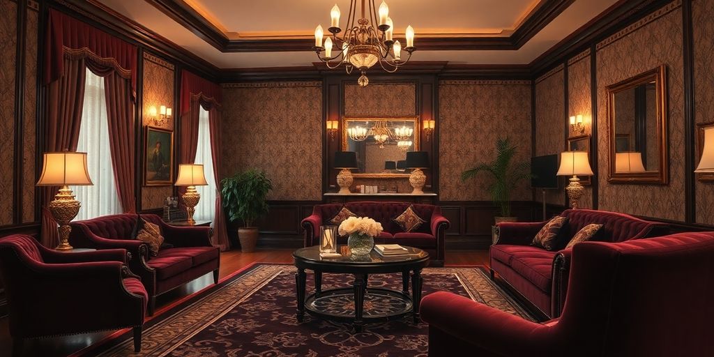 Art Deco living room with metallic accents and geometric patterns.