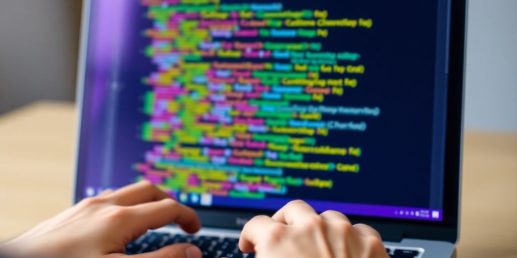 Laptop displaying colorful code editor.