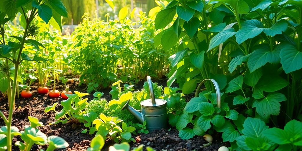 Garten mit nachhaltigen Pflanzen und Gemüse.