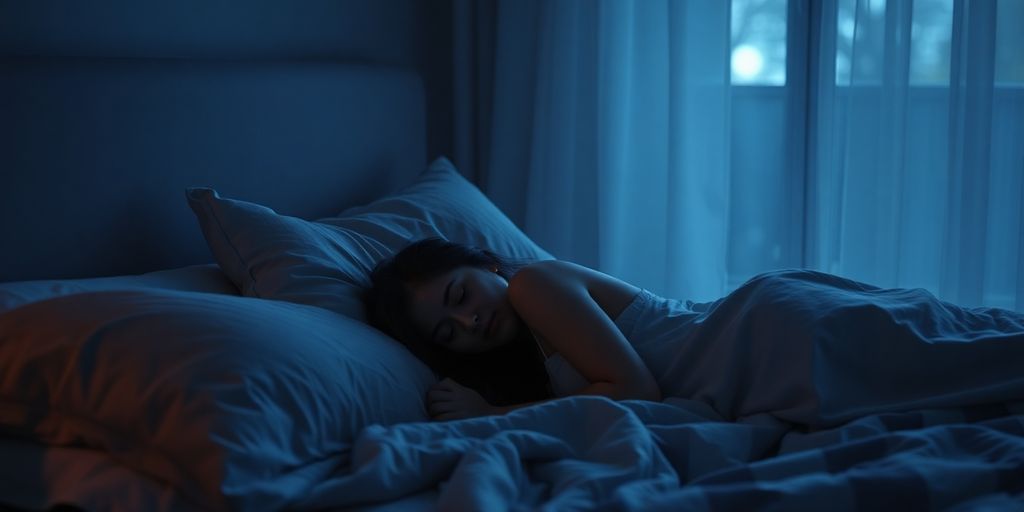 Woman peacefully sleeping in a dimly lit bedroom.