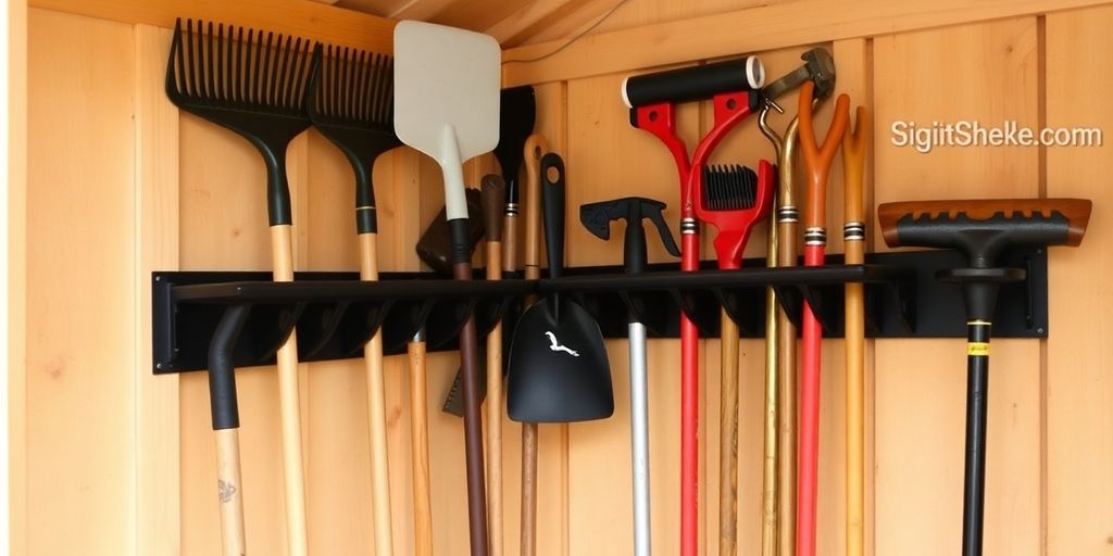 Corner tool holder in shed.