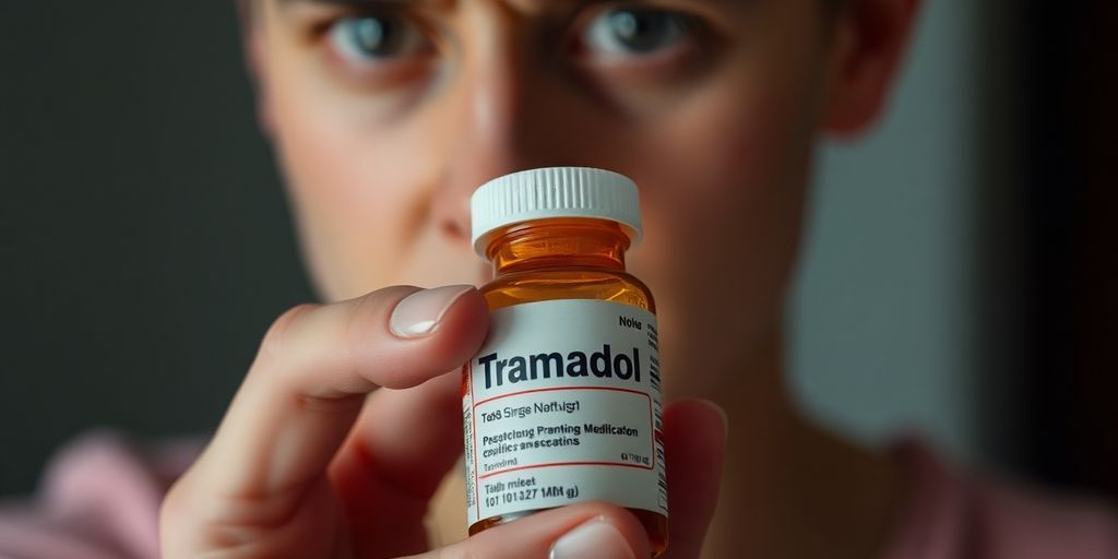 Person holding Tramadol bottle with a concerned expression.