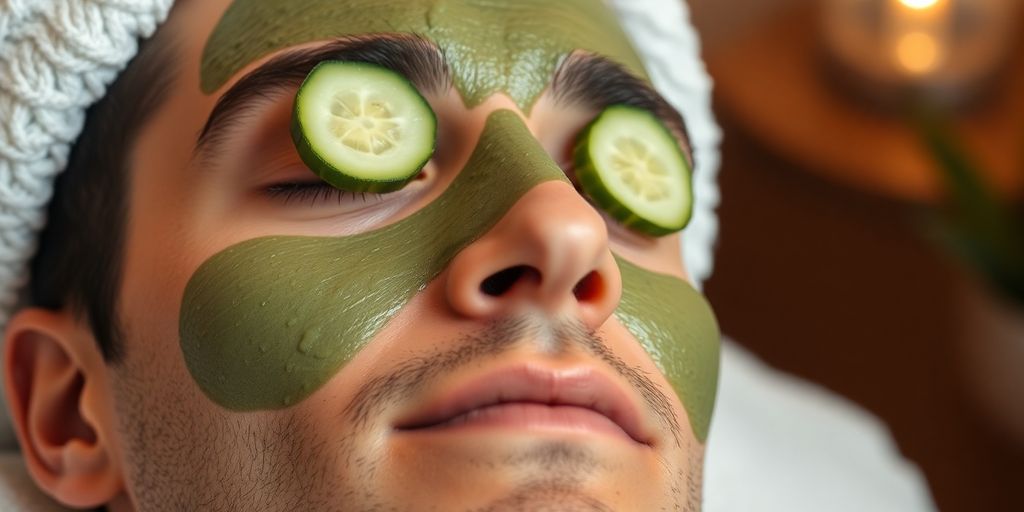 Father relaxing with a face mask and cucumbers.
